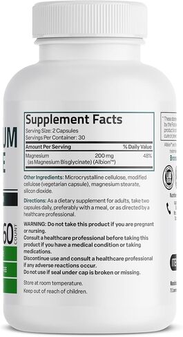 برونسون مغنيسيوم جليسينات 200 مجم لكل جرعة، مخلب 100% لامتصاص عالي، لطيف على المعدة، غير معدل وراثيًا، 60 كبسولة نباتية in Kuwait