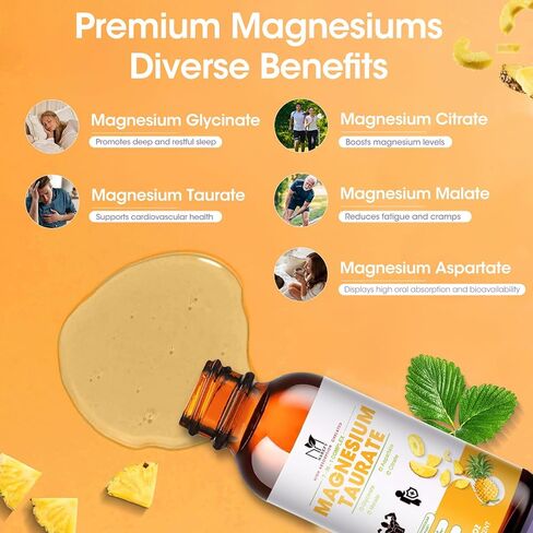 4 FL.OZ | Liquid Magnesium Taurate,Glycinate,Malate,Aspartate,Citrate 2000mg-Magnesium Glycinate 500mg-Chelated Magnesium Complex Supplement for Cardiovascular, Calm, Zzz, Mood, Muscle Cramp Support in Kuwait