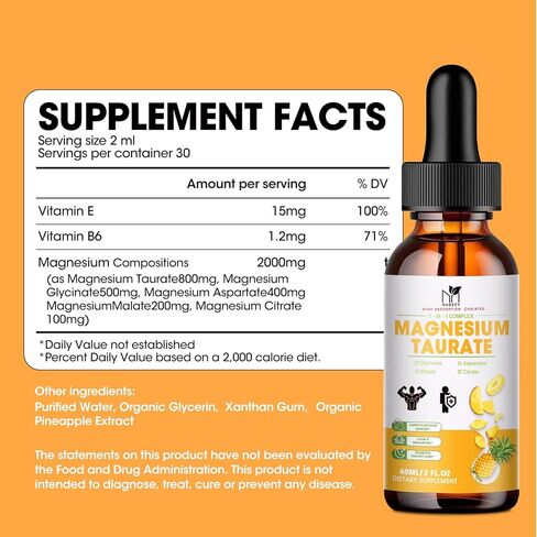 4 FL.OZ | Liquid Magnesium Taurate,Glycinate,Malate,Aspartate,Citrate 2000mg-Magnesium Glycinate 500mg-Chelated Magnesium Complex Supplement for Cardiovascular, Calm, Zzz, Mood, Muscle Cramp Support in Kuwait