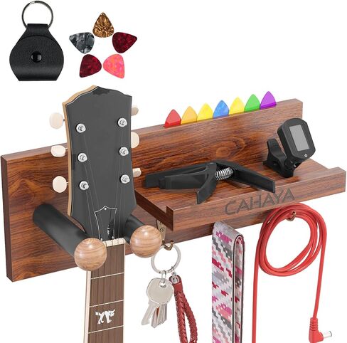 CAHAYA Guitar Wall Mount Hanger with Rubber Hook Wooden Guitar Wall Hanger with Storage Shelf and Pick Holder Guitar Wall Holder for Acoustic Electric Guitars, Bass, Banjo, Guitar Accessories CY0302 in Saudi Arabia