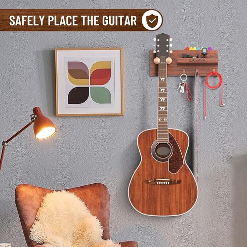 CAHAYA Guitar Wall Mount Hanger with Rubber Hook Wooden Guitar Wall Hanger with Storage Shelf and Pick Holder Guitar Wall Holder for Acoustic Electric Guitars, Bass, Banjo, Guitar Accessories CY0302 in Saudi Arabia
