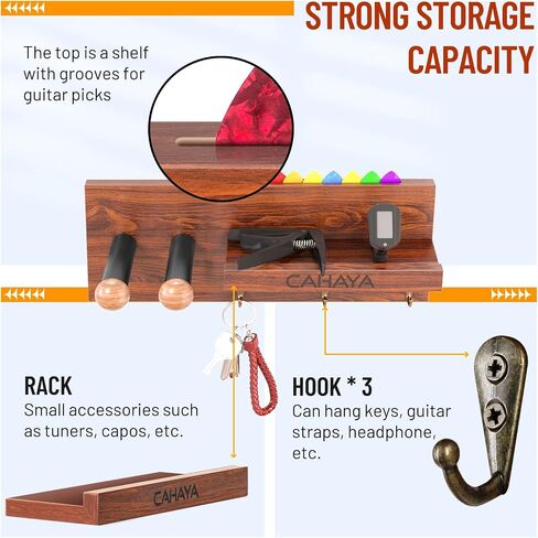 CAHAYA Guitar Wall Mount Hanger with Rubber Hook Wooden Guitar Wall Hanger with Storage Shelf and Pick Holder Guitar Wall Holder for Acoustic Electric Guitars, Bass, Banjo, Guitar Accessories CY0302 in Saudi Arabia