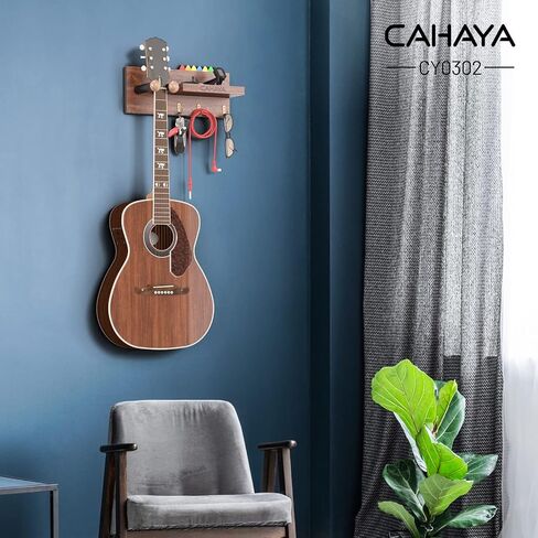 CAHAYA Guitar Wall Mount Hanger with Rubber Hook Wooden Guitar Wall Hanger with Storage Shelf and Pick Holder Guitar Wall Holder for Acoustic Electric Guitars, Bass, Banjo, Guitar Accessories CY0302 in Saudi Arabia