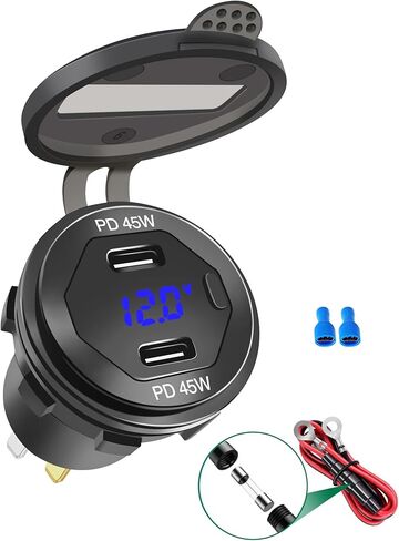 منفذ USB 12 فولت شحن سريع 3.0 وPD 3.0 مقبس شاحن USB، منفذ شحن USB شحن سريع مقاوم للماء مع الفولتميتر LED ومجموعة مصهر الأسلاك DIY in Kuwait