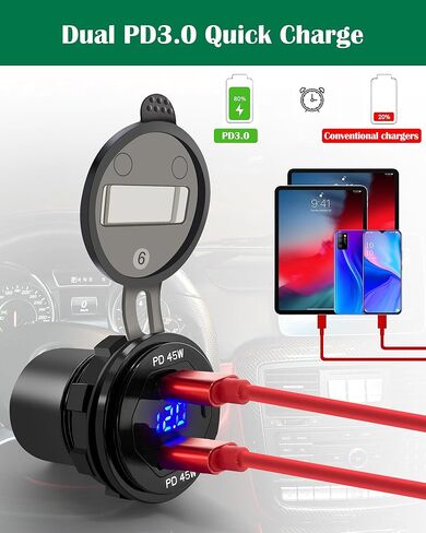 منفذ USB 12 فولت شحن سريع 3.0 وPD 3.0 مقبس شاحن USB، منفذ شحن USB شحن سريع مقاوم للماء مع الفولتميتر LED ومجموعة مصهر الأسلاك DIY in Kuwait
