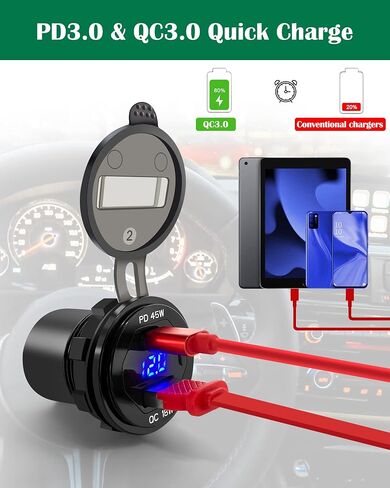 منفذ USB 12 فولت شحن سريع 3.0 وPD 3.0 مقبس شاحن USB، منفذ شحن USB شحن سريع مقاوم للماء مع الفولتميتر LED ومجموعة مصهر الأسلاك DIY in Saudi Arabia
