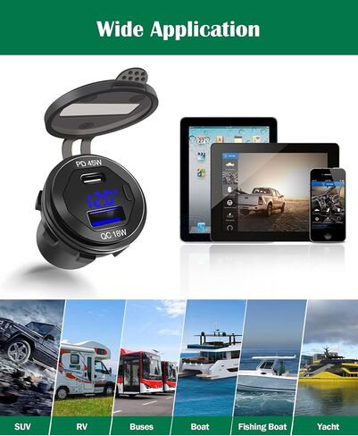 منفذ USB 12 فولت شحن سريع 3.0 وPD 3.0 مقبس شاحن USB، منفذ شحن USB شحن سريع مقاوم للماء مع الفولتميتر LED ومجموعة مصهر الأسلاك DIY in Saudi Arabia