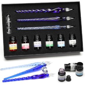 ESSSHOP Glass Pen Calligraphy Set - 3 Purple Crystal Dip Pens Color Ink and Pen Holder Art Supplies Kit for Signatures Beginners Journaling Lettering Drawing Holiday Gift Decoration