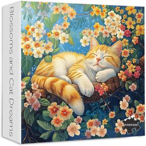 PICKFORU Cat 1000 Piece Puzzles for Adults, Funny Kitten Jigsaw Puzzle Tree Wildflower, Colorful Flower Plant Puzzle as Home Decor