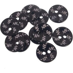 Mibo 12pcs Real Agoya Shell Button2 Hole - Laser Etched - Branch with Leaves Design - 18L(11mm) - Black