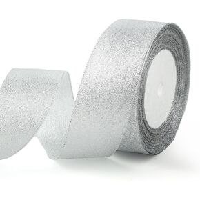 Silver Glitter Metallic Ribbon 1/4Inch 50Yards Tulle Ribbon for Gift Floral Wrapping Fabric Ribbons, Crafts, Holiday Wedding Birthday Party Decoration DIY Crafts Bouquet Sparkly Thin Ribbons