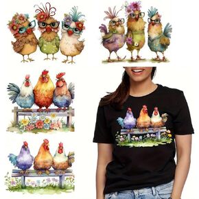 4pcs Christmas Funny Rooster Flower Iron On Transfers for T-Shirts Rub on Transfers Stickers Vinyl Ready to Press Stickers Iron on Decals for T-Shirts Clothing Hoodie DIY Crafts