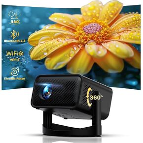 【360° Adjustable Stand】Mini Projector with WiFi and Bluetooth, Electric Focus & Auto Vertical Keystone Correction 1080P HD Support Portable Home Theater, Compatible with Android/iOS, Laptop, HDMI