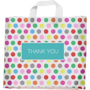 Purple Q Crafts Printed Polka Dot Thank You Bag. 50 PACK 15"x12". Frosted Soft Loop Shopping Bag with Gusset for Merchandise, Boutiques (15"x12")