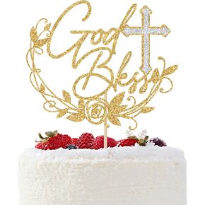 God Bless Cake Topper, First Communion Cake Decorations, Religious Baptism Decor, Wedding/Baptism/Christening/Baby Shower 1st Birthday Party Decorations Gold Glitter