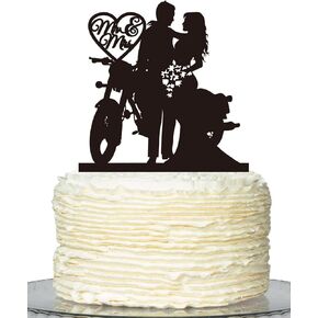 Motorcycle Wedding Cake Topper,Funny Mr & Mrs, Bride and Groom Wedding Party Decoration —Black