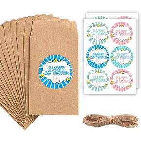 FENGHERUIA 52 Pcs Lost Tooth Receipt Envelopes with 52 Pcs I Lost Tooth Stickers for Lost Tooth Certificate for Children Milk Teeth Storage Fairy Bag Classroom Party Supply