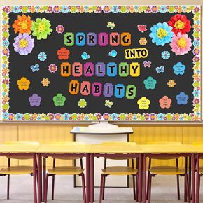 84 Pcs Spring Health Bulletin Board Decorations Set Spring Summer Classroom Decor Flower Butterfly Accent Healthy Habits Paper Cutouts 3D Paper Flower for School Wall Decoration Supplies