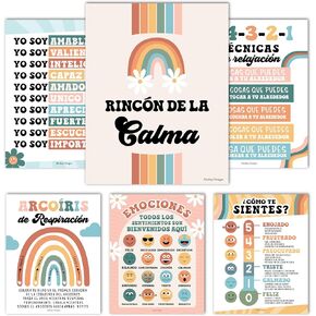 6 Retro Spanish Classroom Decorations For Teachers - Spanish Classroom Posters Elementary, Calm Down Corner Posters Spanish Classroom, Emociones Poster Spanish, Afirmaciones Positivas Español Poster