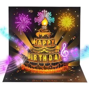 Musical Birthday Card, 3D Pop Up Card with Music and Light, Firework Greeting Card with Interactive Blowable Candle, Birthday Gift for Her Him Mom Grandma Wife Husband