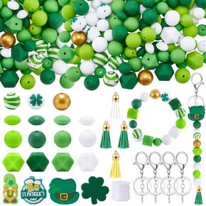 Lunmon 137 Pcs St. Patrick's Day Silicone Focal Beads Set 12/14/15mm Shamrock Gnome Assorted Shapes Green Beads Bulk for Keychain Bracelet Making with Keychain Tassels for Irish DIY Necklaces Crafts