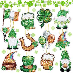 12 Pieces St. Patrick's Day Diamond Painting Keychain 5d DIY Diamond Painting Kit Green Shamrock Gnome Hanging Diamond Art Kits St. Patrick's Day Ornaments for Crafts Family Decor