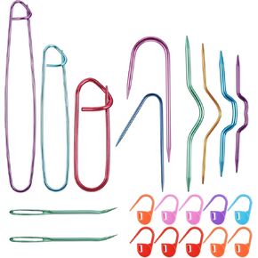 21 PCS Cable Stitch Holders, Mixed Color Aluminum Cable Needles Stitch Holders, Bent Tapestry Cable Needle Weaving Needle Sweater Knitting Tool with Knitting Stitch Markers for Yarn Sewing Knitting