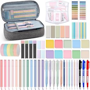 60 Pcs Aesthetic Book Annotation Kit Gray Pencil Case with Highlighter Gel Pen Mechanical Pencil Magnetic Bookmarks Transparent Sticky Note Tabs Mini Office Supplies