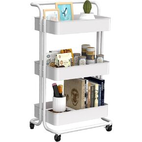EZ COZY Rolling Cart, Plastic Rolling Utility Cart with Wheels, Detachable Rolling Storage Cart Organizer, Easy Assemble Storage Trolley for Kitchen, Bathroom, (White, 3-Tier Metal Material)