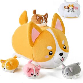 5 Pcs Corgi Dog Stuffed Animals for Kids,15.7" Mommy Dog Plush with 4 Babies Puppy Inside,Soft Corgi Shiba Inu Dog Plushies Toys Pillow Gifts for Dog Lover Christmas, Valentine's, Birthday