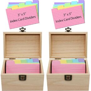 Index Card Holder Box 3x5, Wooden Card Box with 100 Dividers, Recipe Cards Case, Business Card Organizer for Flash Card, Notecards and Study Cards, 2 Pack