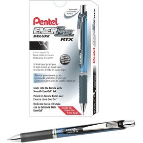 Pentel® EnerGel™ Deluxe RTX Retractable Liquid Gel Pens, Fine Point, 0.5 mm, 54% Recycled, Blue Barrel, Black Ink, Pack Of 12 Pens