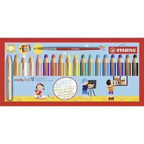 STABILO Multi-Talented Pencil woody 3 in 1 - Pack of 18 - Assorted Colors with Sharpener and Paint Brush