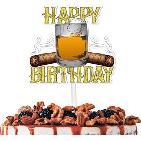 Gold Glitter Happy Birthday Cake Topper Cheer to Whiskey Cigarette Theme Party Decoration Supplies Men Women Happy Birthday Anniversary Wedding Party Decor Supplies