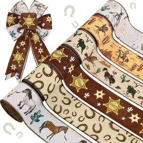5 Rolls 30 Yard Western Cowboy Wired Ribbon Wild West Cactus Horse Craft Ribbon Beige Brown Rustic Fabric Ribbon for Wreath Bow Making Supplies DIY Gift Wrapping Party Decor