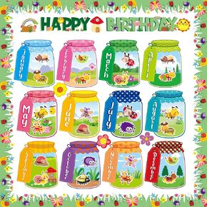 BeYumi Birthday Bulletin Board Decorations - 75Pcs Jungle Animal Bulletin Board Set Forest Happy Birthday Border Trim Decor Months Palm Tree Leaf Cutouts Birthday Calendar School Classroom Chalkboard