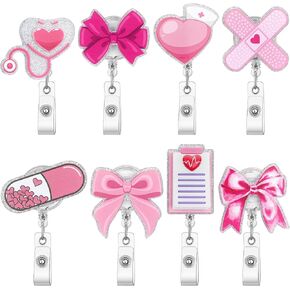 XunYee 8 Pack Pink Nurse Badge Reels Bow Retractable ID Name Nursing Medical Reels Badge Holder for ID Card Office Nurses Doctors, Medical Worker, Nursing Student