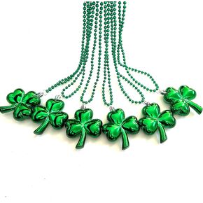 12 Pcs St. Patrick Jumbo Shamrock Pendant Bead Necklaces Green Irish Festival Shamrock Parade Beads Necklaces Party Supplies