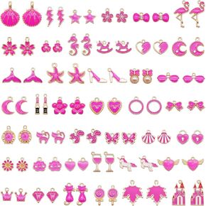 Julie Wang 80pcs Fashion Charms Bright Pink Bling Pendants for Women Princess Jewelry Necklace Earrings Bracelet DIY Making