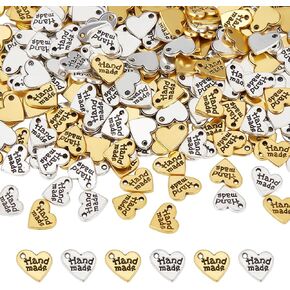 FINGERINSPIRE 240 Pcs Handmade Heart Charm Antique Silver & Gold Heart Shaped Word Message Charm Pendant Alloy Message Bead Pendants Accessory for DIY Bracelet Necklace Jewelry Making Findings