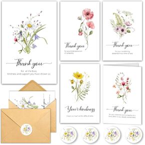 25 Funeral Thank You Cards with Envelopes, 5 Designs, 4x6in Watercolor Wildflower Bereavement Sympathy Thank You Card Message Inside, for Funeral Celebration of Life - Matching Stickers, Bulk