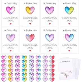 48 Sets Pocket Hug Heart with Greeting Cards Cute Little Heart Pocket Hug Token Gift Card Keepsake Exchange Card Gift for Colleagues Family Distance Social Present (Bright Color)