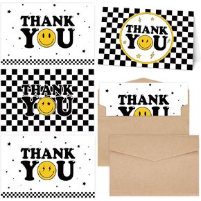 Whaline 40Pcs One Happy Dude Thank You Greeting Cards with Envelopes and Stickers Checkerboard Smile Face Thank You Cards for Back to School Birthday Baby Shower Decors, 4 Designs