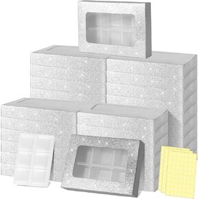 50 PCS Silver Glitter Hife Joxes for Wax Melts 6 Caivity Plastic Wax Melt مع مربع يذوب الشمع الكريستال مربعات صناديق الذوبان الشمع لالتفاف الهدايا