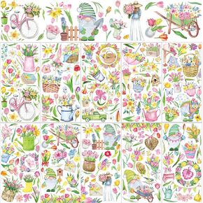 Geyoga 10 Sheets Spring Rub on Transfers for Crafts and Furniture Spring Floral Rub on Decals Gnome Flower Book Bike Watering Pot Pattern Iron on Stickers Wood DIY Supplies for Home, 5.9 x 11.8 Inch