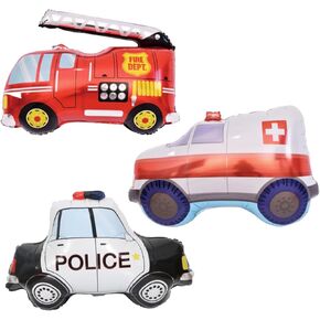 3PCS Rescue Vehicle Balloons Cars Fire Trucks Ambulances Police Mylar Foil Balloons for Kid Birthday Party Wedding Baby Shower Rescue Theme Party Home Decorations Supplies