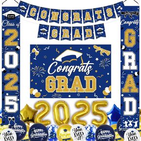 Graduation Decorations Class of 2025 Green Gold Graduation Party Decorations Include Graduation Backdrop, Congrats Grad Banner, Door Banner, 2025 Foil and Latex Balloons for Graduation Party Supplies