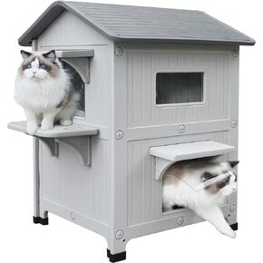 Rockever Luxury Plastic Outdoor Indoor Cat House with Escape Door, Waterproof 2 Story Outdoor Houses for Feral Cats Outside Cat Shelter, Spacious, Clean and Assemble Easily