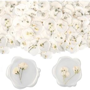 Qilery 50 Pcs Adhesive Wax Seal Stickers Babys Breath Dry Floral Envelope Wax Seal Bulk Wedding Invitation Stickers for Bridal Shower Party Letter Gift Wrap (White)