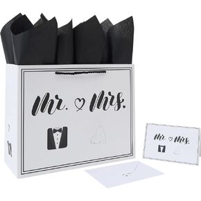 13" Large Wedding Gift Bag Set with Handles, Greeting Card, Tissue Papers and Stickers for Bridal Shower Anniversary Engagement Newlyweds Couple, Elegant Mr. & Mrs. Design, 1 Pcs